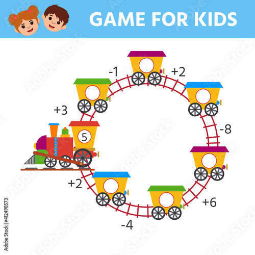 Math game for kids. Train. Counting skills to 10. Educational kids activity. Workbook for children. Vector illustration