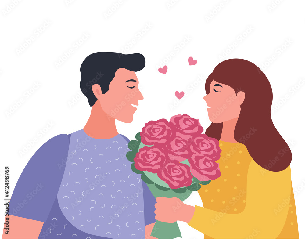 Vector illustration with woman hugging bouquet of flowers and man. Concept of Valentine's Day, love, relationship. Happy family. Couple in love for greeting cards Vector illustration with woman hugging bouquet of flowers and man. Concept of Valentine's Day, love, relationship. Happy family. Couple in love for greeting cards