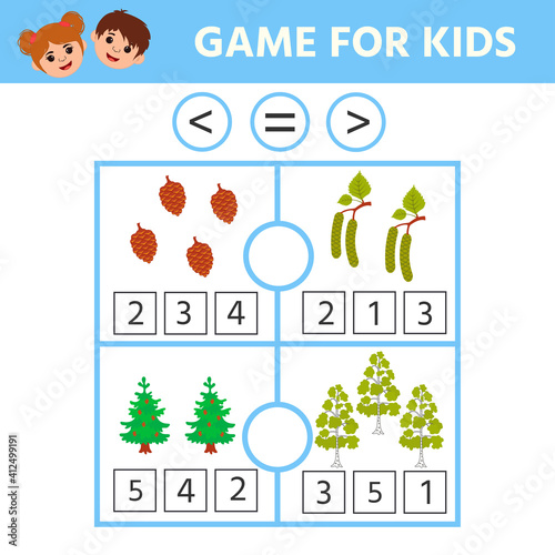 Math game for kids. Comparison, more less equal. Educational page for little children. Pine and birch and their fruits. Worksheet vector design for children