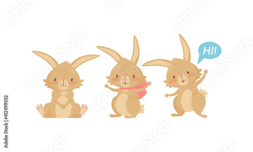 Cute Rabbit with Long Pointed Ears Waving Paw and Sitting Vector Set