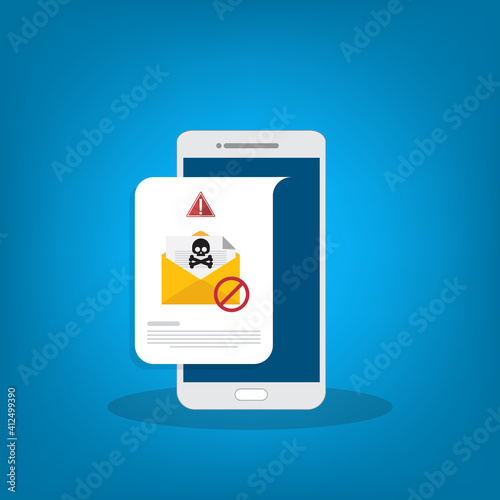 Mobile phone with email, envelope with black document and skull icon notification. Virus, malware, email fraud, e-mail spam, phishing scam, hacker attack concept. Vector illustration	