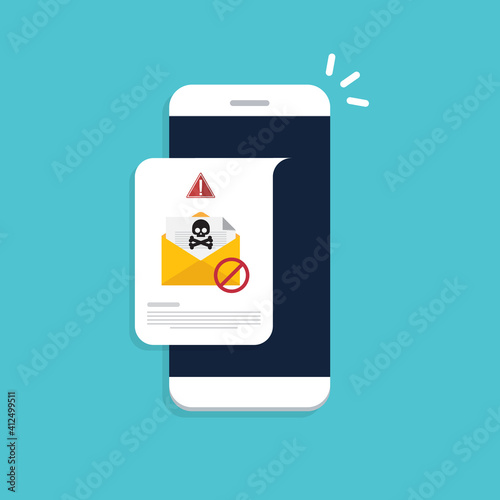 Mobile phone with email, envelope with black document and skull icon notification. Virus, malware, email fraud, e-mail spam, phishing scam, hacker attack concept. Vector illustration	
