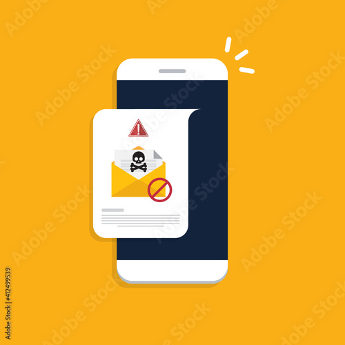Mobile phone with email, envelope with black document and skull icon notification. Virus, malware, email fraud, e-mail spam, phishing scam, hacker attack concept. Vector illustration	