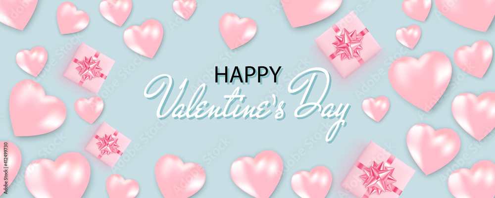 Happy Valentine's Day banner with pink hearts, gift box on blue background. Valentine's Day card.