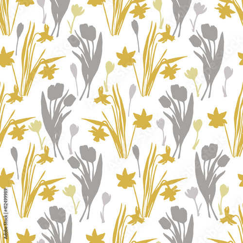 Vector yellow and grey spring flower silhouettes repeat pattern background
