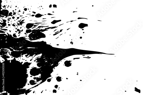 Abstract vector grunge illustration. Black spreading splashes of paint on white background. Dripping stain, drops, spots, liquid ink. Handcrafted texture banner. Fluid art, marble effect. Copy space