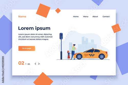 Mother with daughter waiting for taxi. Kid, car, traffic flat vector illustration. Transportation and urban lifestyle concept for banner, website design or landing web page
