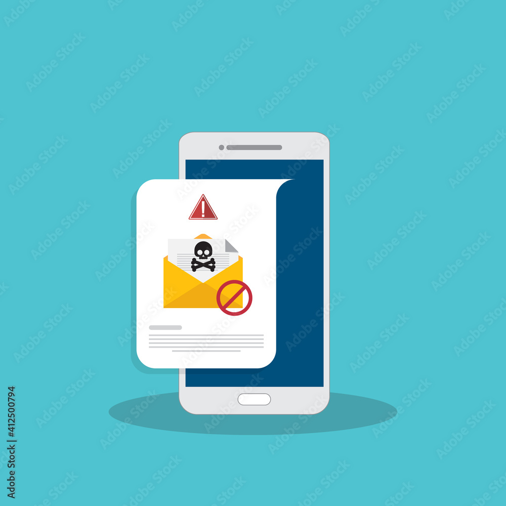 Mobile phone with email, envelope with black document and skull icon notification. Virus, malware, email fraud, e-mail spam, phishing scam, hacker attack concept. 