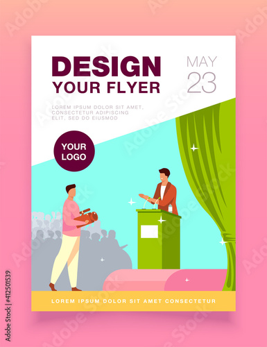 Cameraman shooting speaker on stage. Politician speaking on rostrum before audience flat vector illustration. Spokesman, election campaign concept for banner, website design or landing web page