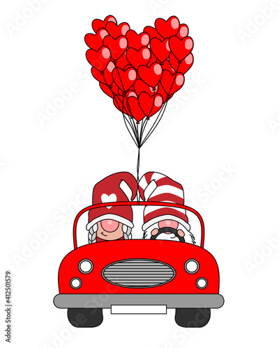 Love card. Gnome couple in car with many balloons in the shape of hearts.