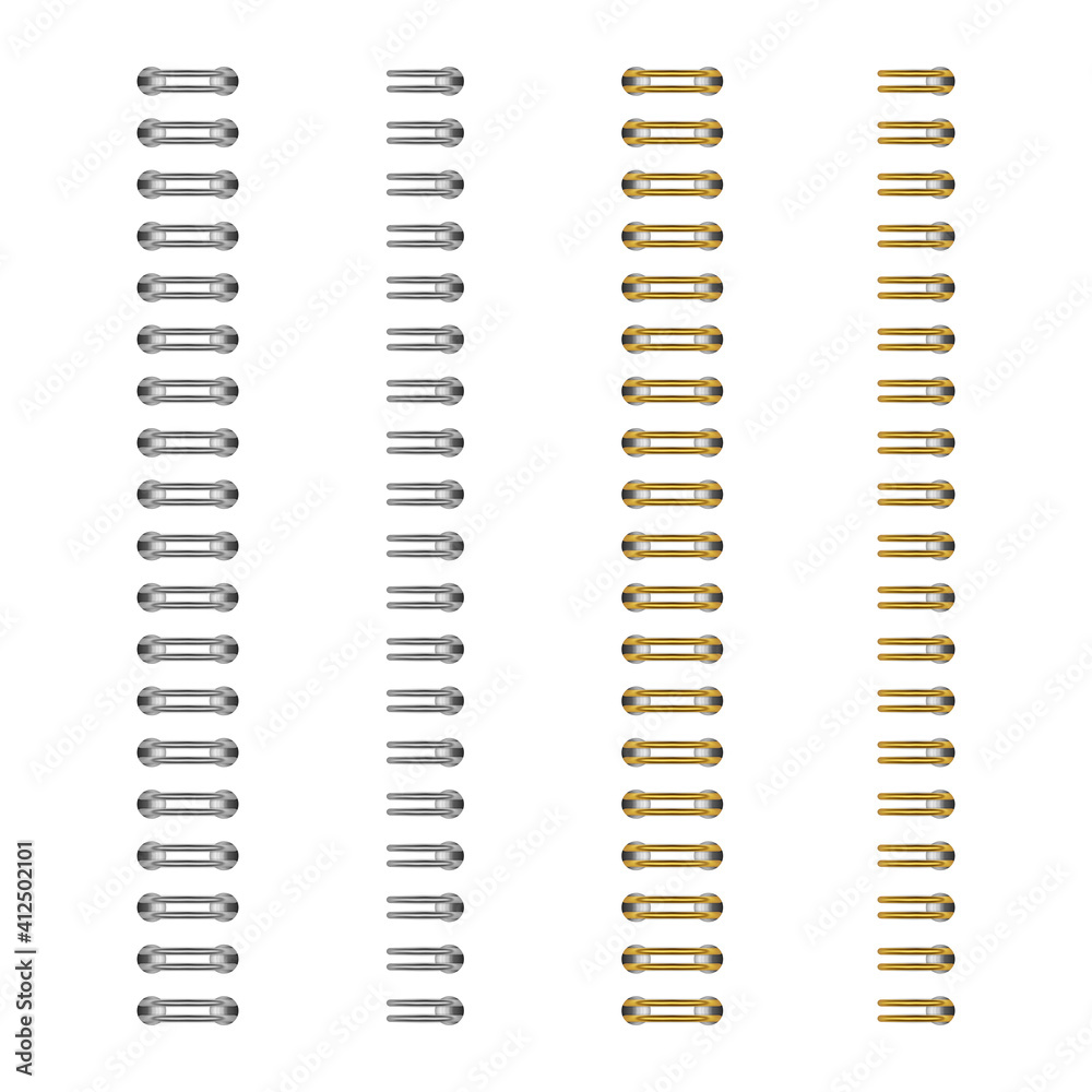 Vector set of realistic images (mock-up, layout) of silver and gold spirals for a notebook: a top view, a spiral of an open notepad. EPS 10.