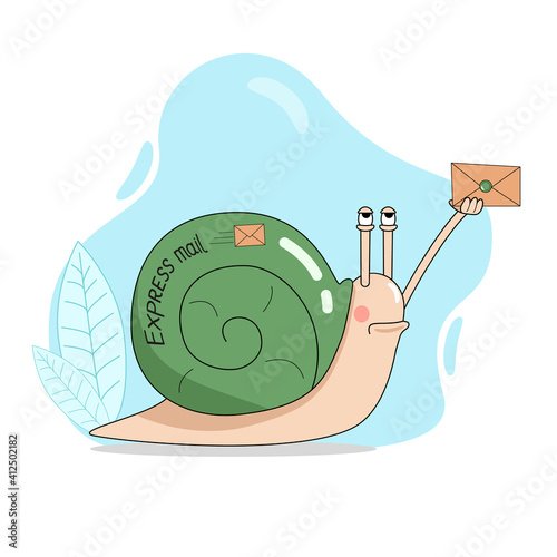 The snail holds a letter in his hand. Postman snail. Express mail. Vector illustration. 