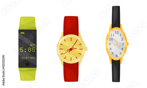 Wristwatch as Portable Timepiece with Watch Strap Worn Around the Wrist Vector Set
