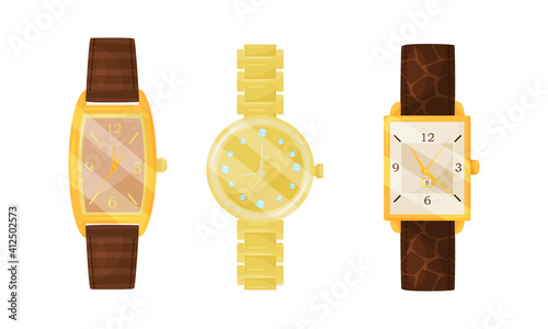 Wristwatch as Portable Timepiece with Watch Strap Worn Around the Wrist Vector Set