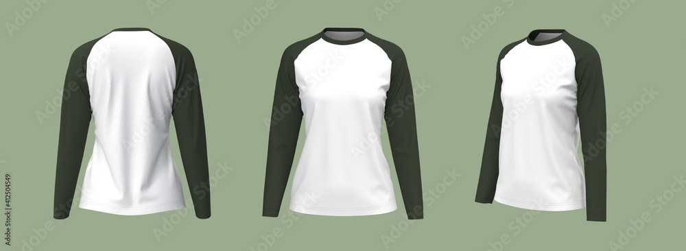 Long-sleeves raglan t-shirt mockup, 3d illustration, 3d rendering Long-sleeves raglan t-shirt mockup, 3d illustration, 3d rendering