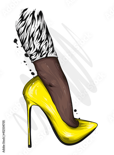 Women's legs in stylish high-heeled shoes and trousers. Fashion and style, clothing and accessories. Vector illustration.