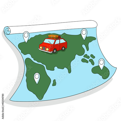 Travel by car concept with car and map. Cartoon style vector illustration.