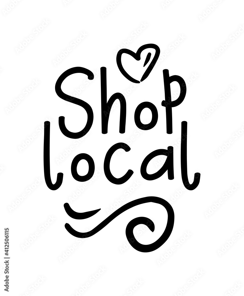 SHOP LOCAL hand drawn text and doodles badges, logo, icons. Handwritten modern vector brush