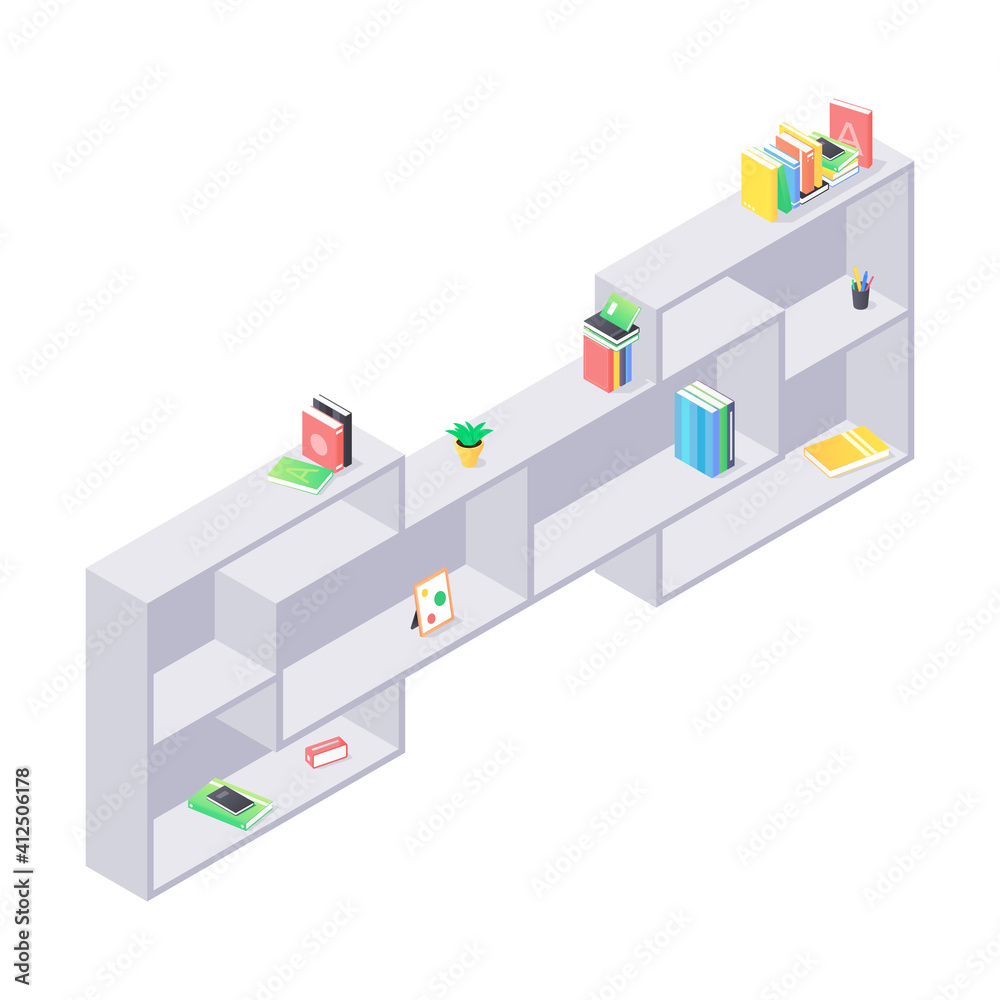 Books and chancellery on gray wooden bookshelf in isometric vector. Stacks of hard cover paper literature in shelf for education home or university interior. Rack with various home studying objects.