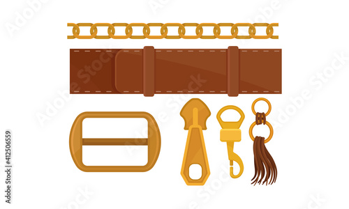Leather Belt, Metal Zipper Puller and Buckle Isolated on White Background Vector Set