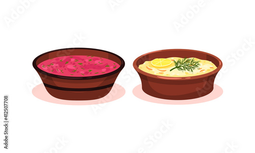Soups Served in Ceramic Bowl and Garnished with Potherb Vector Set