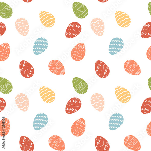 Happy Easter seamless pattern with decorated various ornaments of eggs on white background and blooming flowers. Festive print or web design. Flat vector for spring religious holiday Paschal.