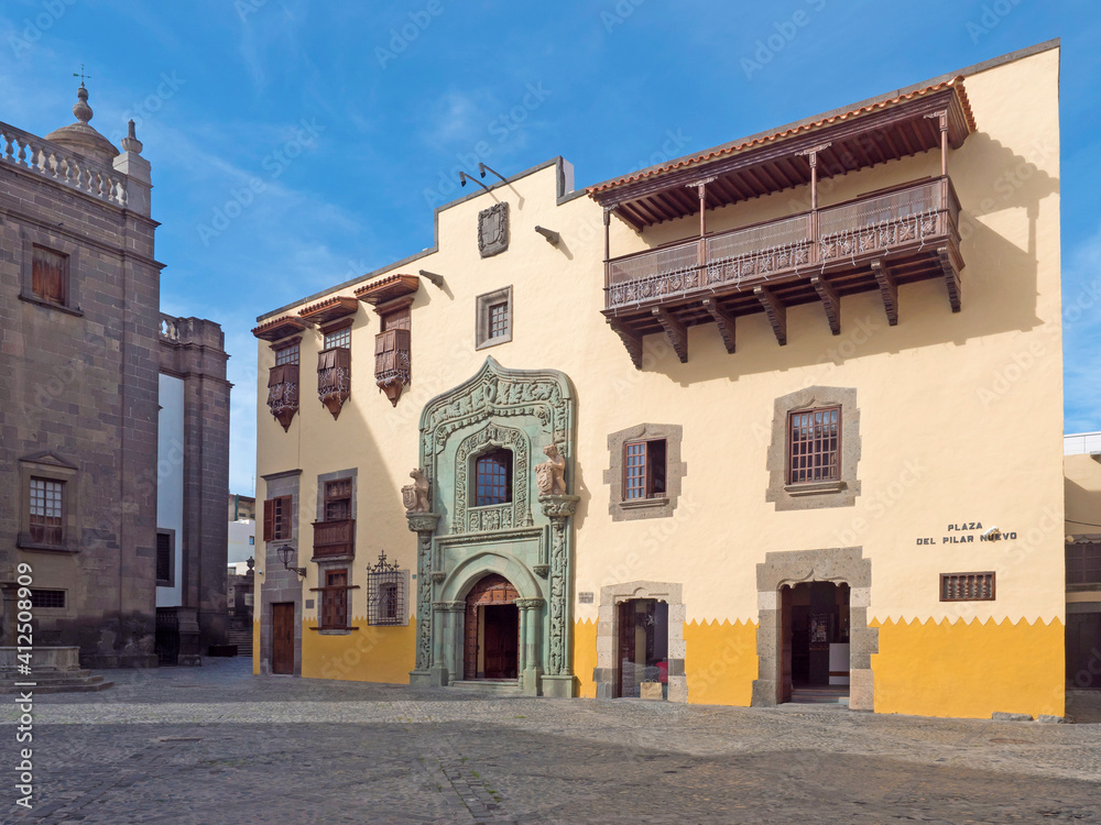 Historic house museum of Christopher Columbus Casa de Colon at square Plaza del pilar nuovo at old town Vegueta in Las Palmas de Gran Canaria at sunny day. Canary Islands, Spain
