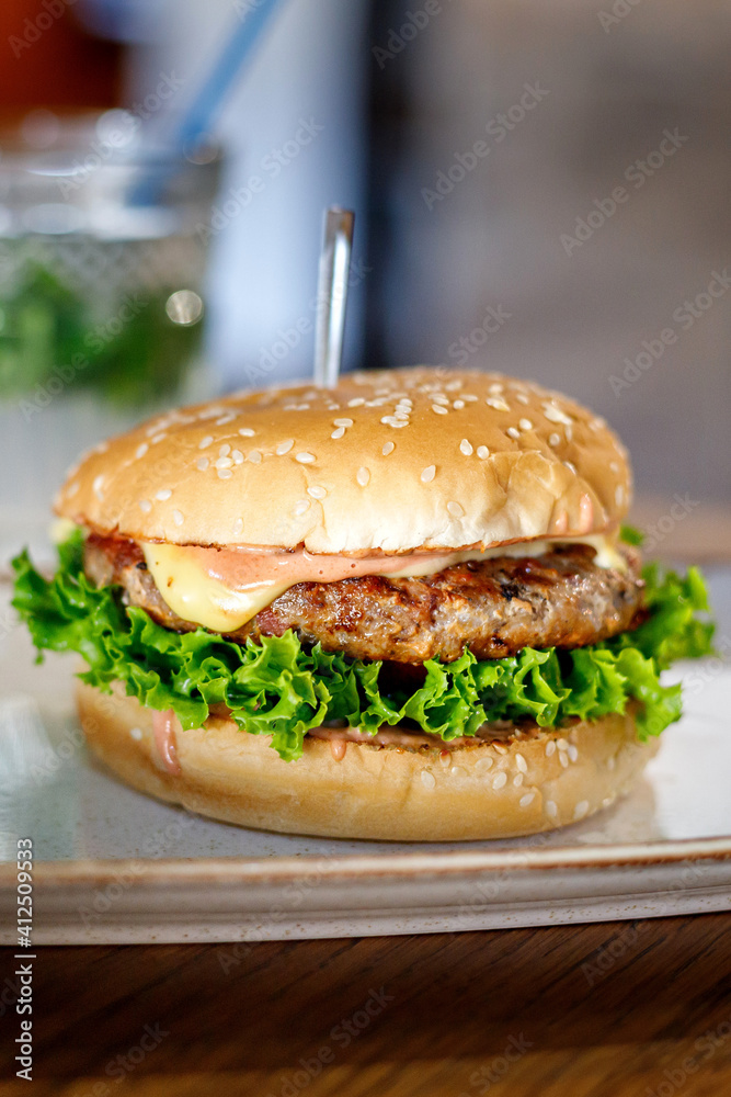 Delicious hamburger on a plate