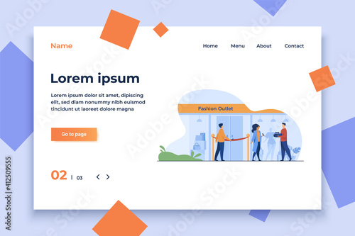 Outlet opening ceremony. Man cutting red ribbon, journalist, cameraman flat vector illustration. Fashion news, reportage, shopping concept for banner, website design or landing web page