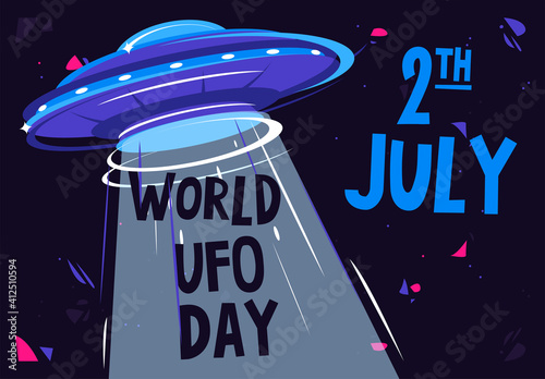 Vector illustration of a flying saucer with a projection light on the background of outer space, web banner for World UFO Day on July 2
