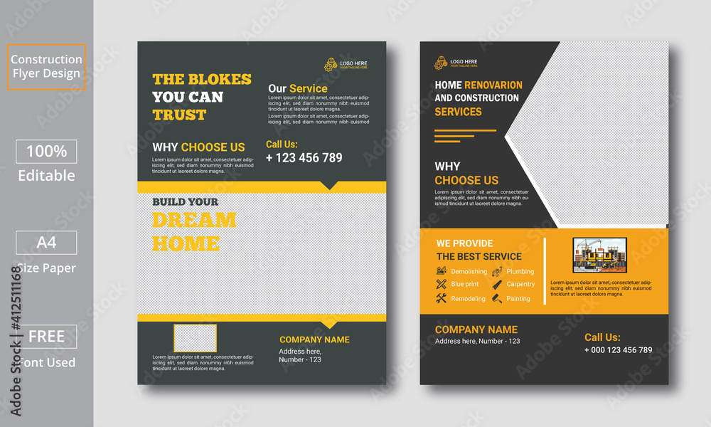 Illustration of a set of design templates for a corporate business construction company. Construction Renovation Flyer Template.
