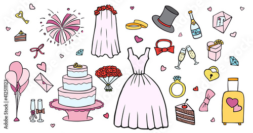 A set of brightly colored wedding, engagement and honeymoon items. Colored hand drawn isolated contour doodle objects on a white background.