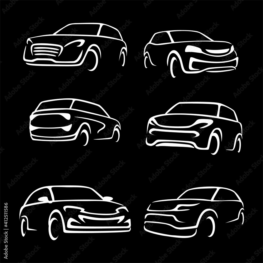 Fototapeta Collection of Automotive car logo design with concept sports vehicle icon silhouette on black background. Vector illustration.