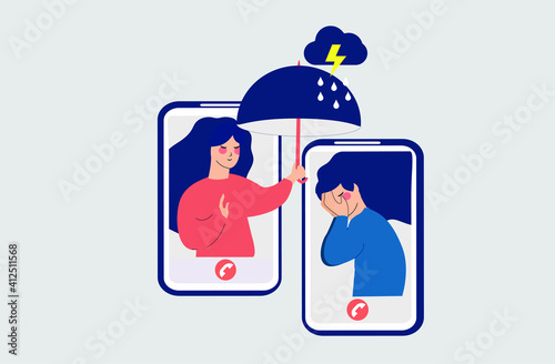 Flat Girl comforts her unhappy best friend over the phone. Female consoles, takes care of women with mental problems. Supporting people with depression or stress online. Psychological issues concept. 