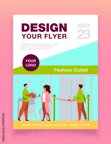 Outlet opening ceremony. Man cutting red ribbon, journalist, cameraman flat vector illustration. Fashion news, reportage, shopping concept for banner, website design or landing web page