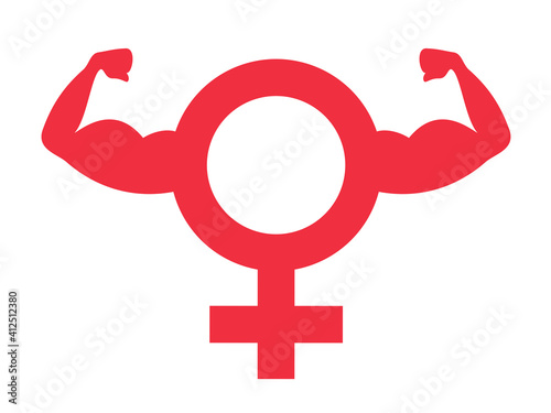 Woman power - female sex and gender symbol and pictogram with muscular arm and biceps. Strong and emancipated feminist girl and woman.  Vector illustration isolated on white.