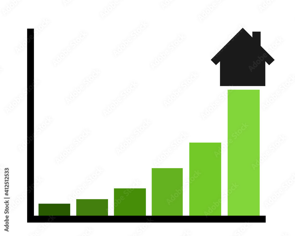 House and increasing graph and chart. Metaphor of rising price, cost and value of residential building and living. Vector illustratin isolated on white House and increasing graph and chart. Metaphor of rising price, cost and value of residential building and living. Vector illustratin isolated on white