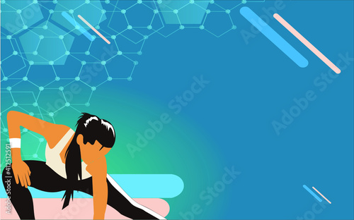 Illustration of a woman exercising in isolation with a blue abstract background