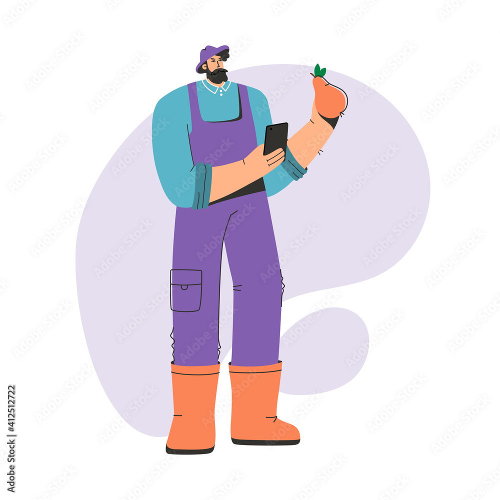 Man farmer standing and holding pear, gathering harvest Man farmer standing and holding pear, gathering harvest