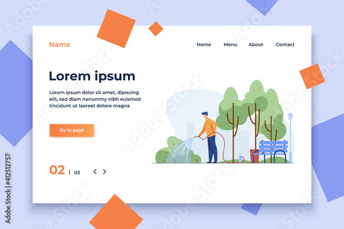 Man with hose watering bush in city park. Gardener, state worker, municipal service flat vector illustration. Urban greening, landscaping work concept for banner, website design or landing web page