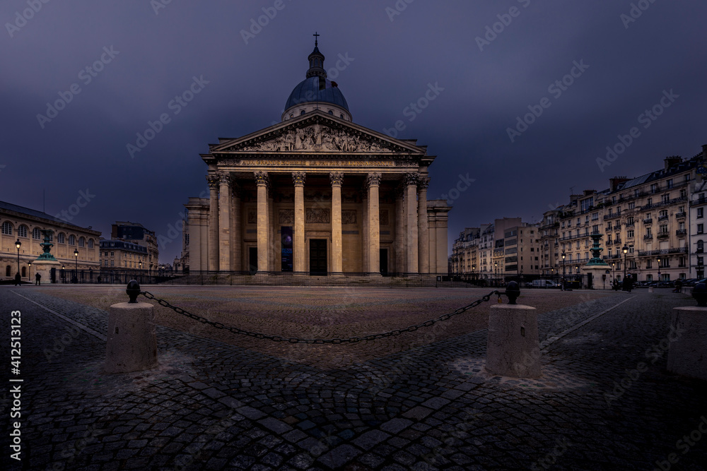 Paris, France - February 8, 2021: Panoramic view of Pantheon monument in Paris, France