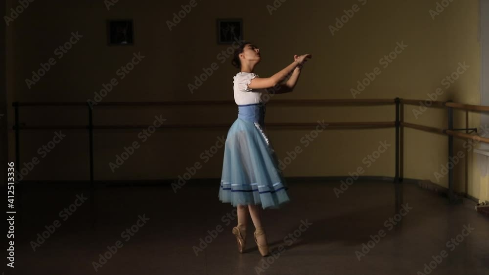 Fashion ballerina dancing in a dark ballet class. The girl performs dance steps in a stage costume. Slow motion. Fashion ballerina dancing in a dark ballet class. The girl performs dance steps in a stage costume. Slow motion.