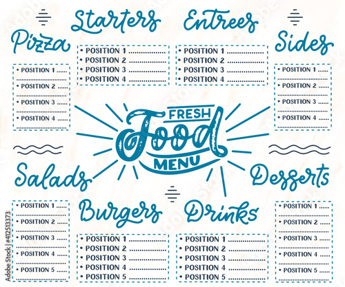 Vector template Chalkboard menu for restaurant and snack bars with grunge elements. Fresh food design
