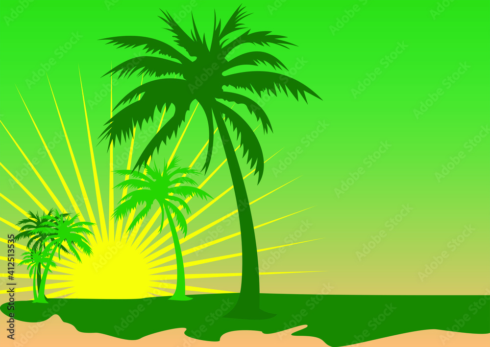 a vector design of a giraffe carrying a surfboard to the beach, isolated against a background of sunrise, reddish skies and coconut trees