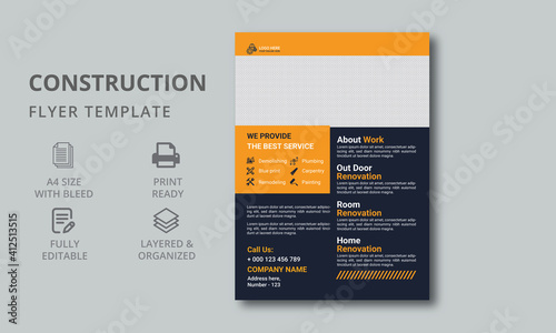 Construction Flyer Template with Graphics Icons. Template design elements corporate construction company. a4 flyer template.