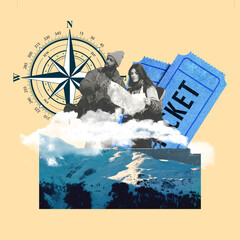 Vacation theme with sea waves, compass and travel tickets. Tourists looking for road. Copyspace. Modern design. Contemporary colorful and conceptual bright art collage, art collage. Visual art.