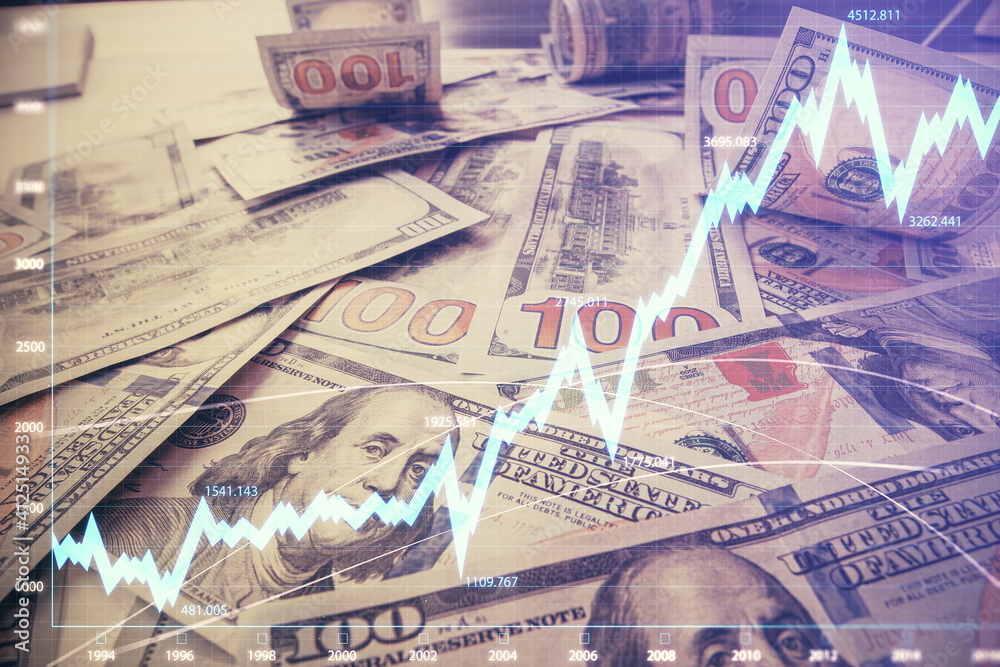 Multi exposure of forex chart drawing over us dollars bill background. Concept of financial success markets. Multi exposure of forex chart drawing over us dollars bill background. Concept of financial success markets.