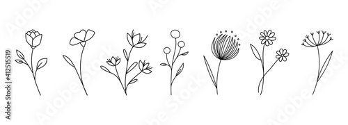 Botanical linear flower set. Abstract creative floral collection, minimalist flowery art for print, tattoo. Vector illustration