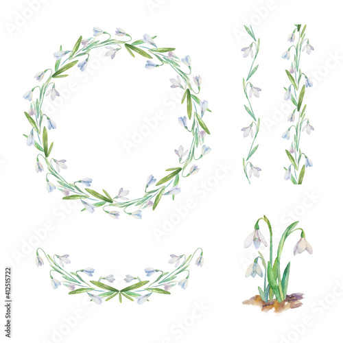 Floral watercolor Frame Collection with spring flowers. Set of cute retro snowdrops arranged in the shape of the circle for greeting  wedding invitations  and birthday cards