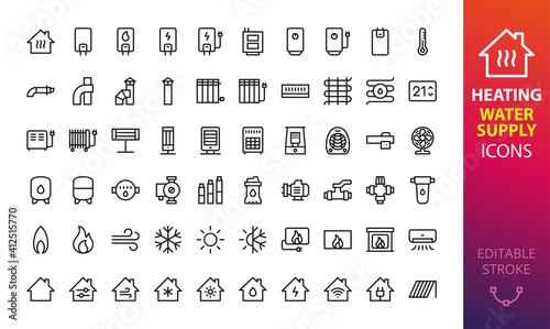 Home heating, cooling and water supply system isolated icon set. Set of heating boiler, electric water heater, solid fuel boiler, air conditioning, oil radiator, coaxial chimney pipes vector icons